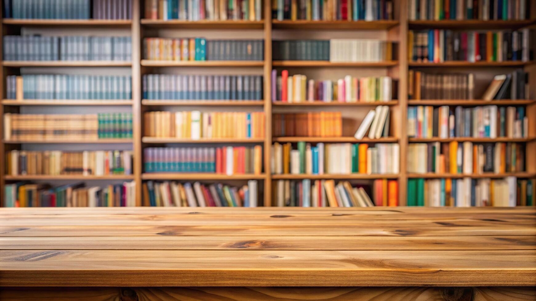Empty wooden table in front of bookshelves photo
