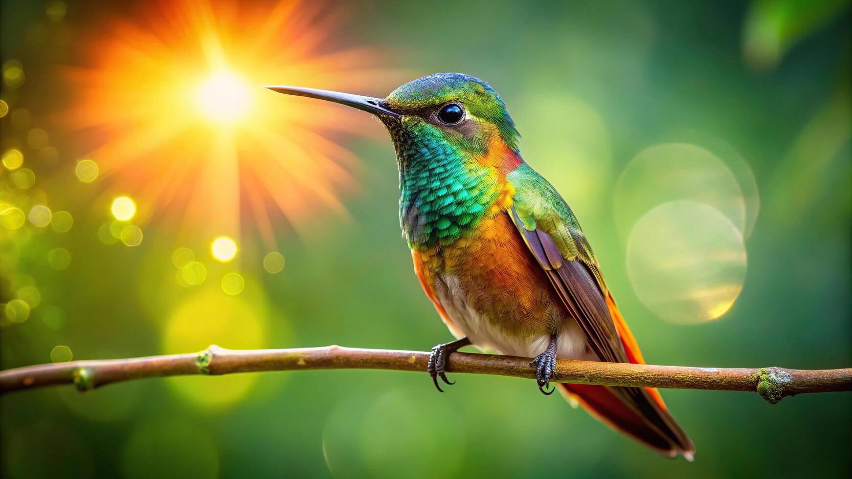 A colorful bird sitting on a branch with the sun shining photo