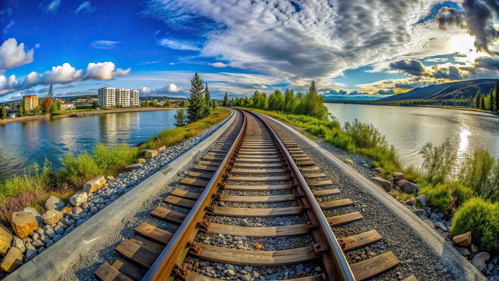 A train track going through the water with a city in the background photo
