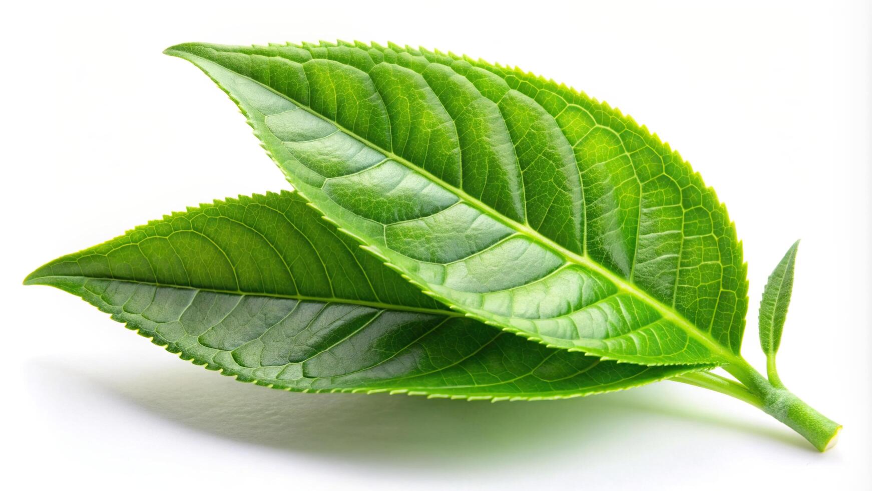 Green tea leaves on white background photo