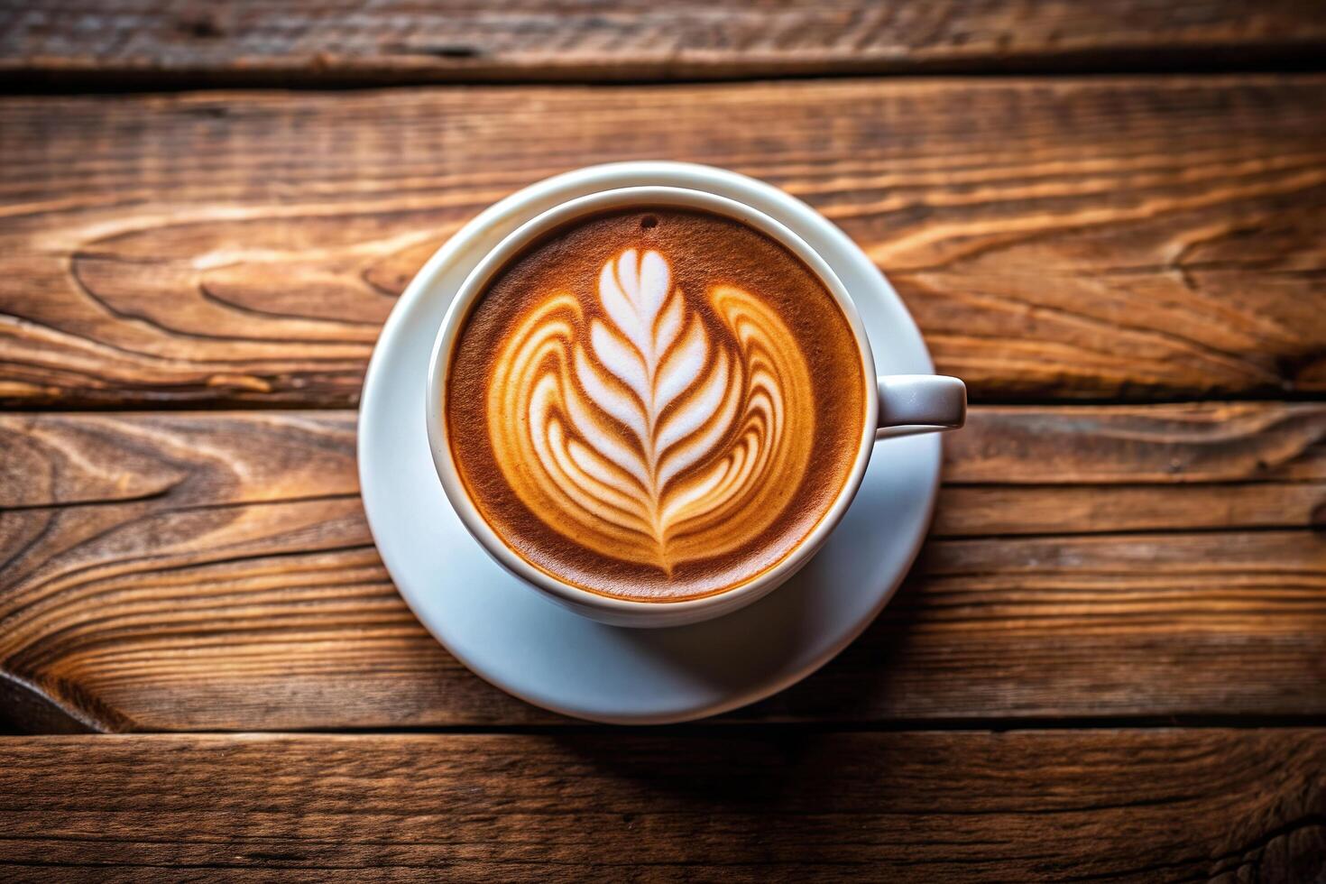 Coffee latte art on wooden table top view photo