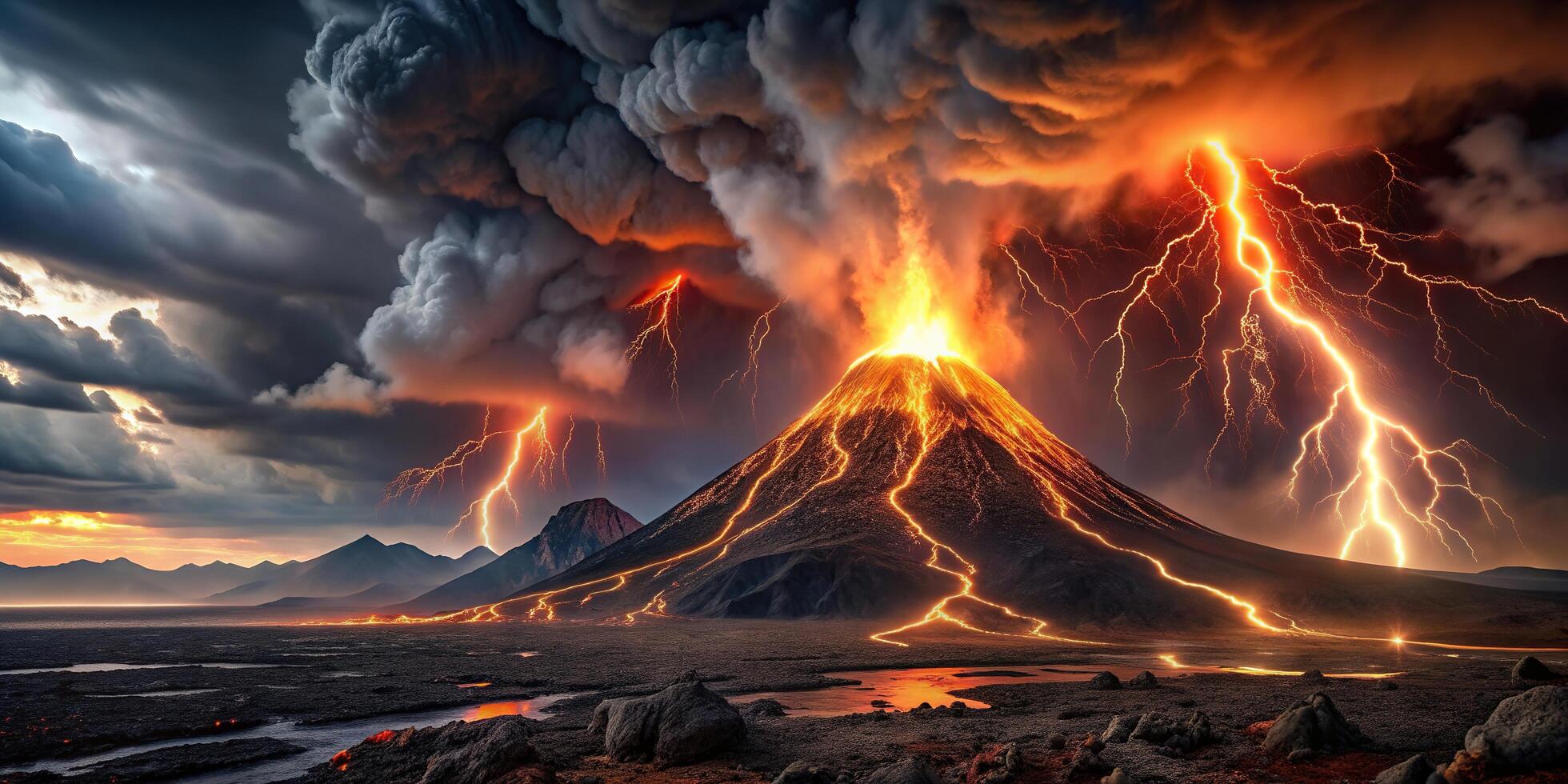 A volcano with lightning and smoke coming out of it photo