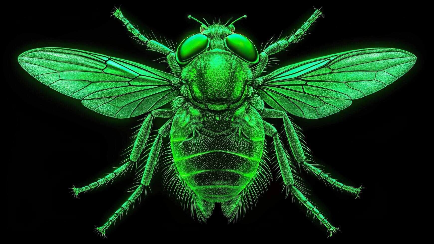 A green fly with glowing wings on a black background photo