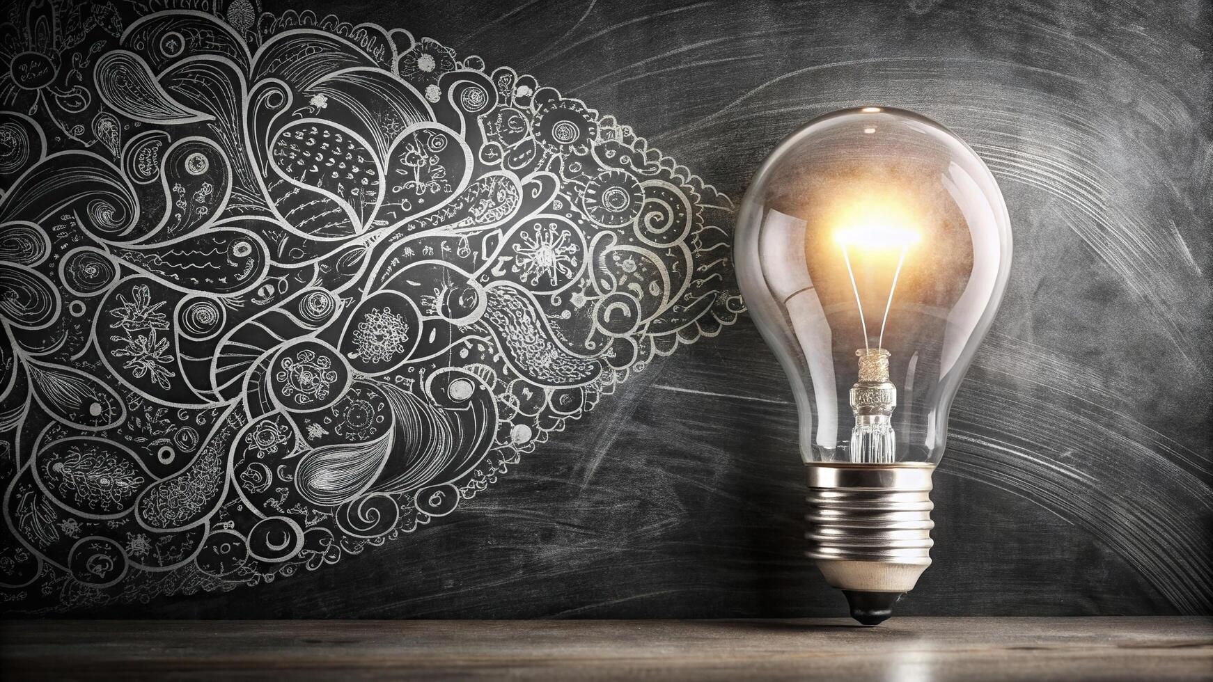 Light bulb on a blackboard with doodles photo