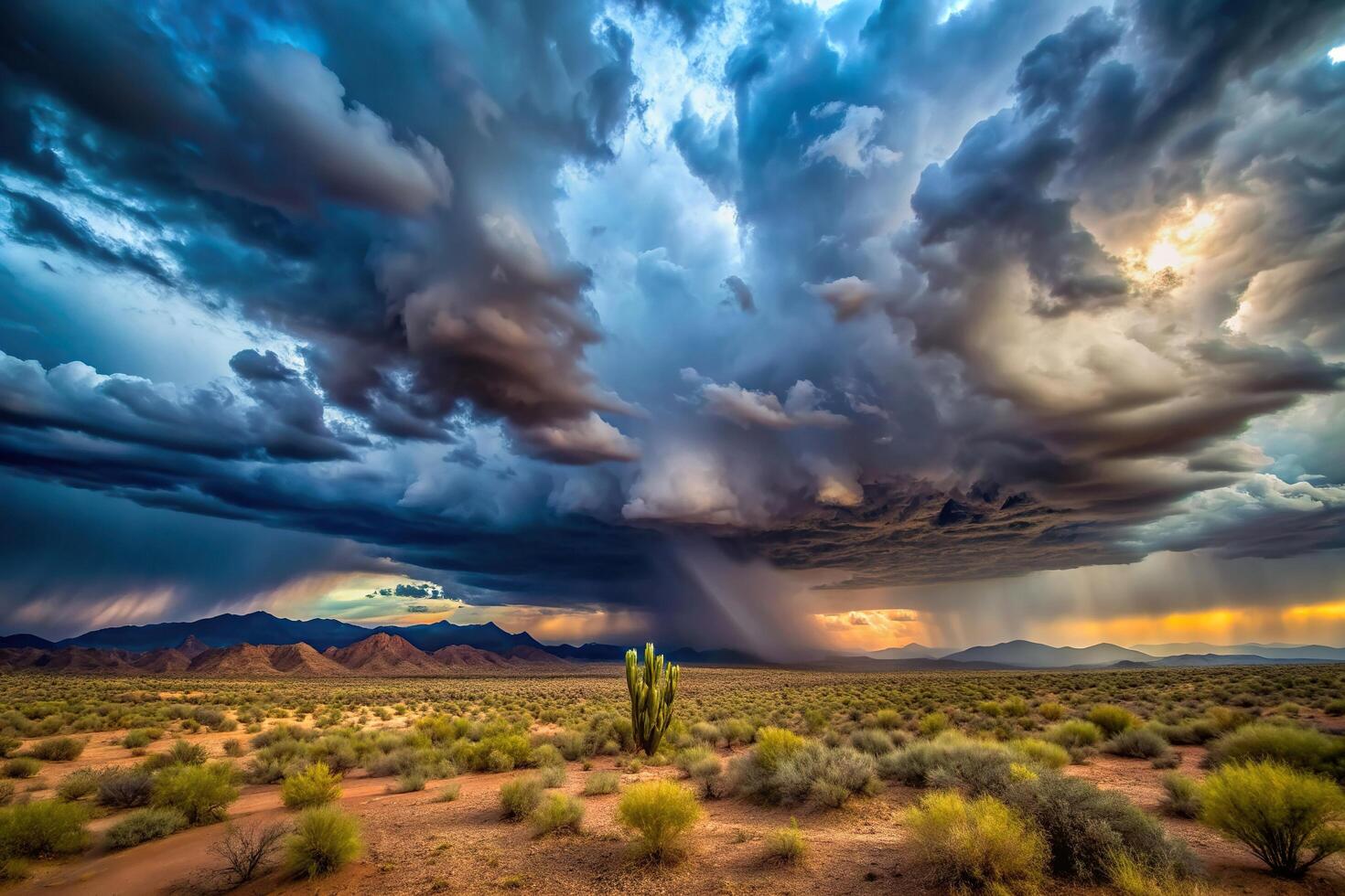 A storm clouds over the desert with cactus plants photo