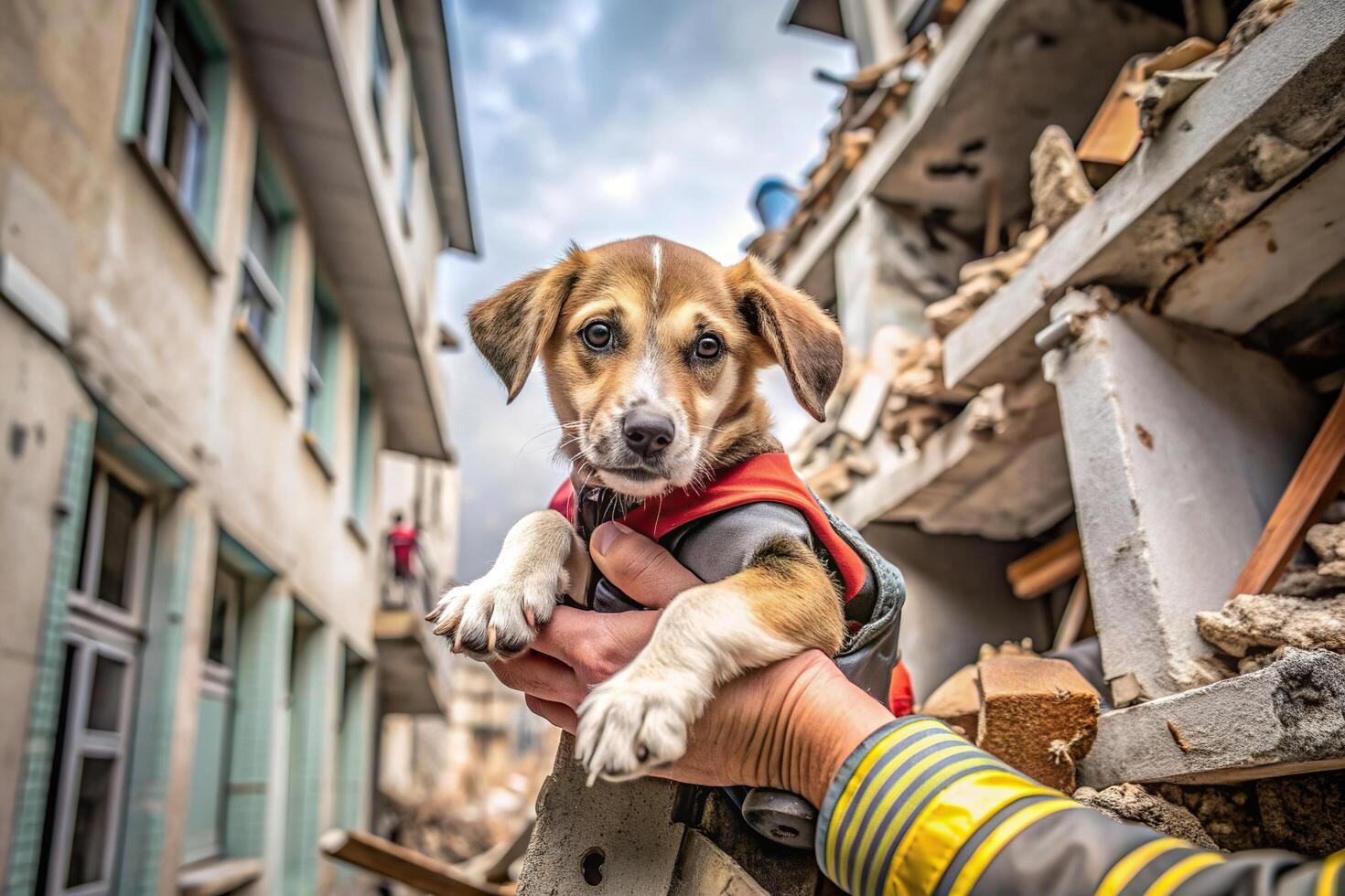 A dog is being held by a person in front of a building photo