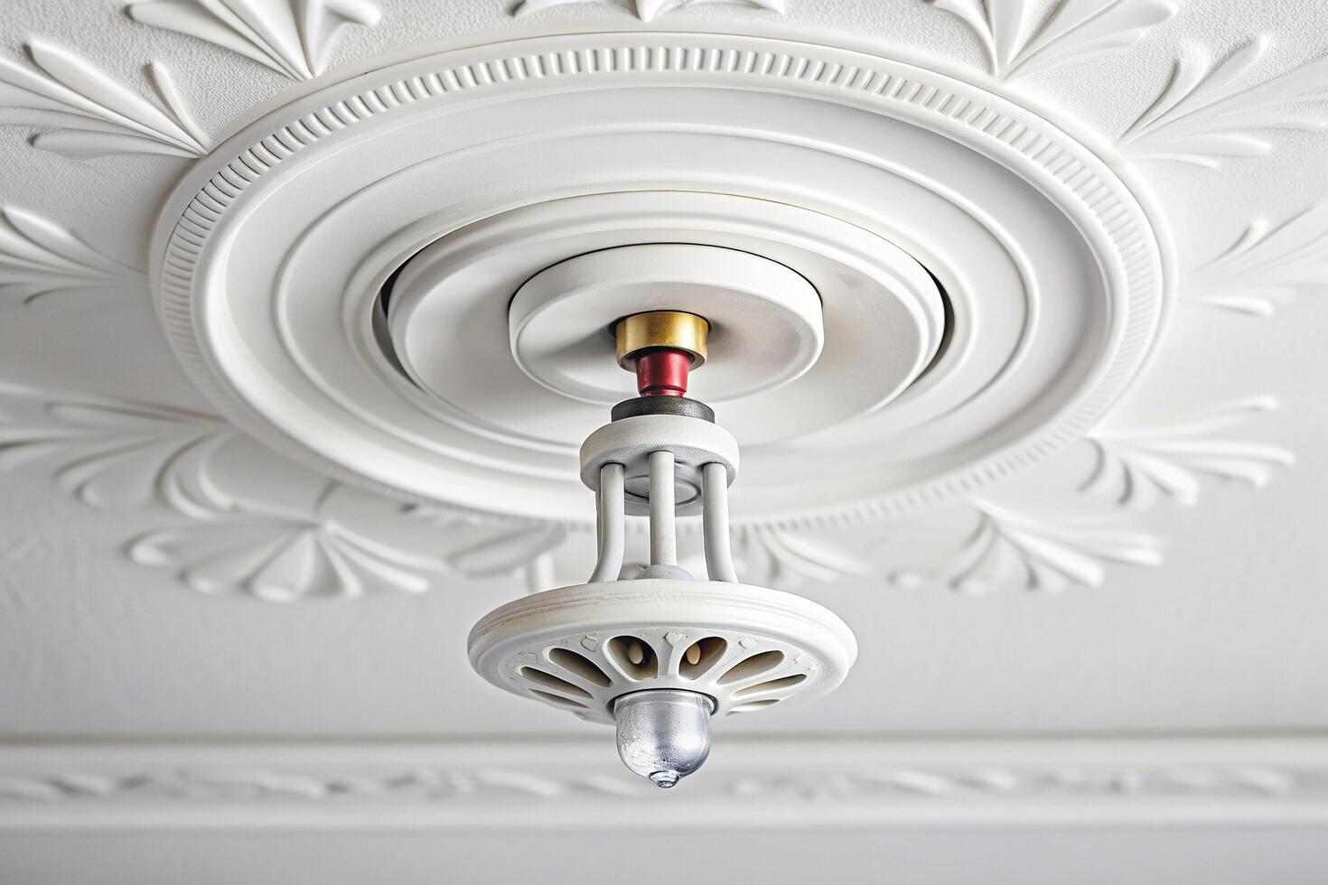 water, stock photo, fire safety, sprinkler nozzle, emergency, technology, protection, symmetrical, White pendent sprinkler nozzle with escutcheon on white symmetrical ceiling photo