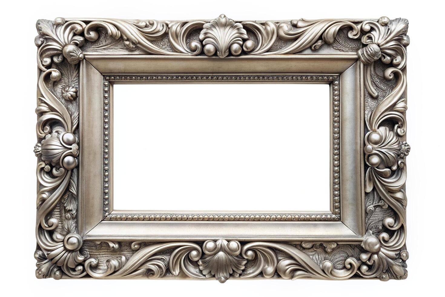silver frame, retro, details, isolated frame, vintage picture frame, intricate, A vintage silver picture frame with intricate details and a shiny finish isolated on a white background photo