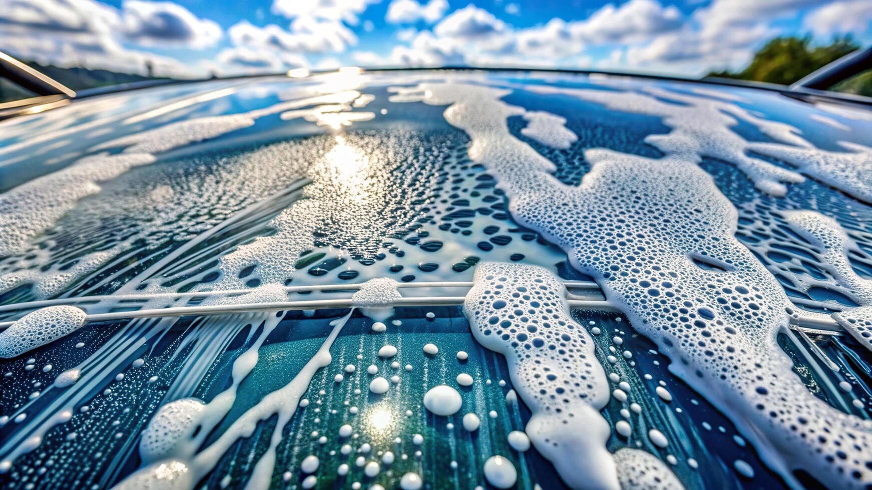 Bubble water on the windshield of a car during the process of cleaning it from an aerial point of view, window, liquid, cleaning, visibility, washing, glass, aerial view,bubble, suds photo