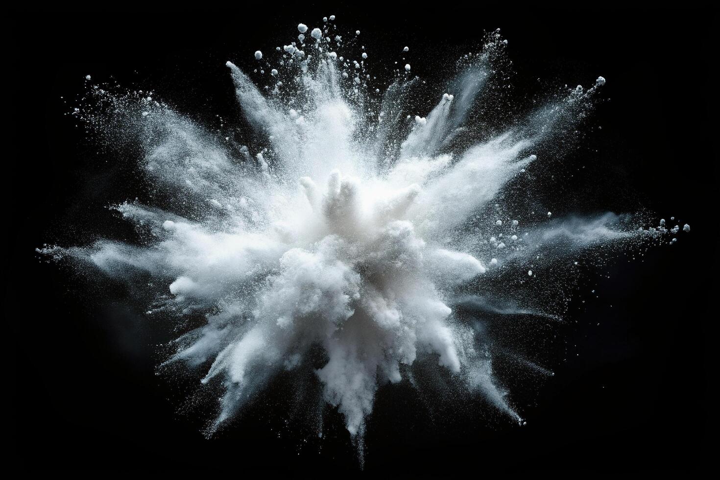 Abstract white powder exploding in mid air against a black background, powder, explosive force, isolated, dynamic, action, motion, cloud, energy, black background, concept, substance photo