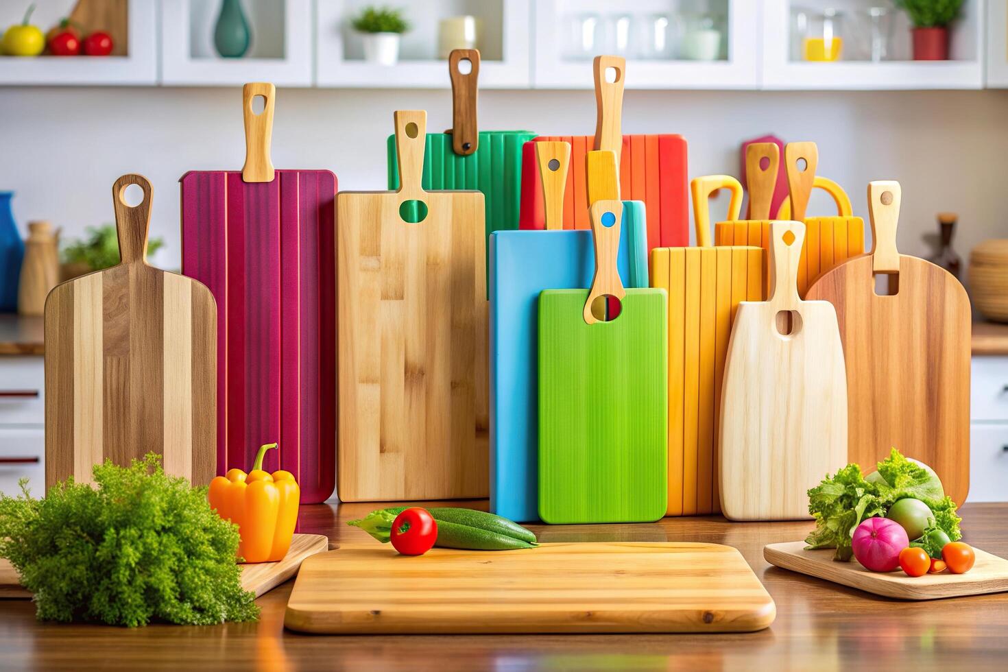 table, sizes, shapes, wooden textures, Colorful wooden chopping boards of different sizes and shapes placed in a kitchen creating a visually striking forced perspective effect photo