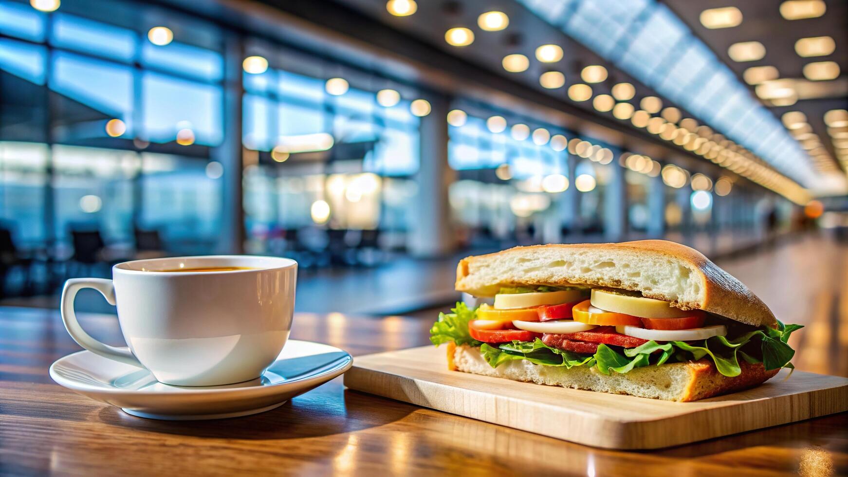A close up stock photo of a delicious sandwich and a cup of coffee on a tabletop in a coffee shop located in the terminal of an airport, meal, coffee shop, coffee, leisure, refreshment