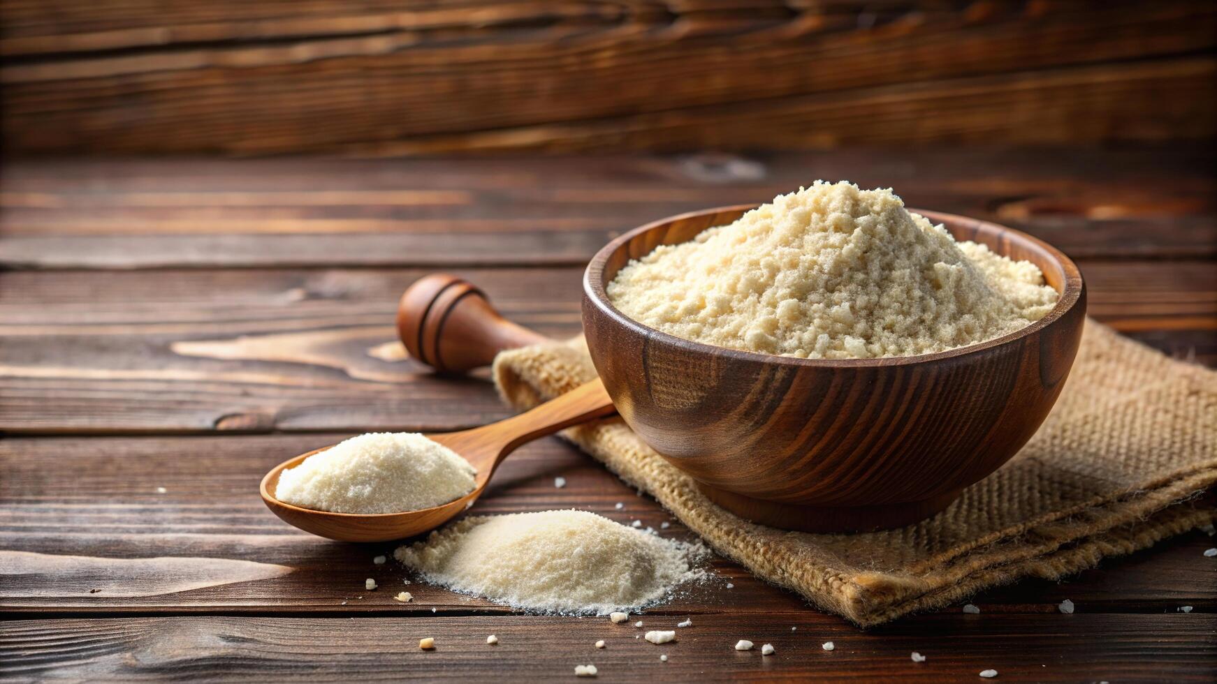 food, scoop, healthy, organic, vegan, ingredient, nutrition, close-up, breakfast, Coconut flour is displayed in a round bowl on a brown wooden background with a scoop resting beside it photo