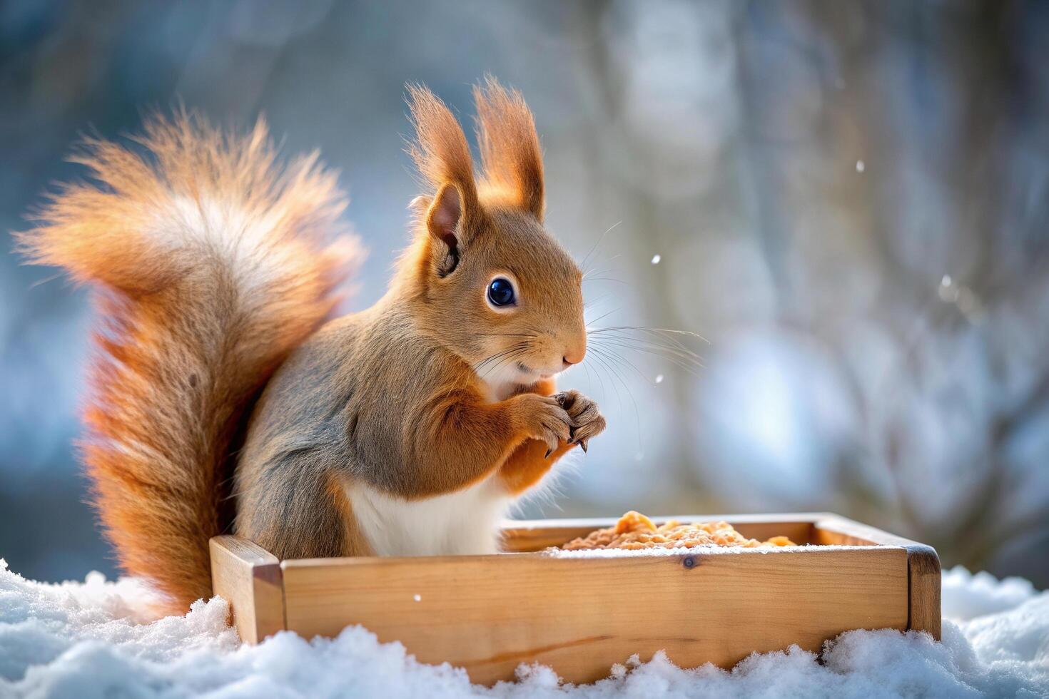hungry, furry, adorable, cold, rodent, small, wild, wildlife, A close up shot of a cute red squirrel wearing a fluffy winter fur coat feeding on a wooden trough in the snowy forest photo