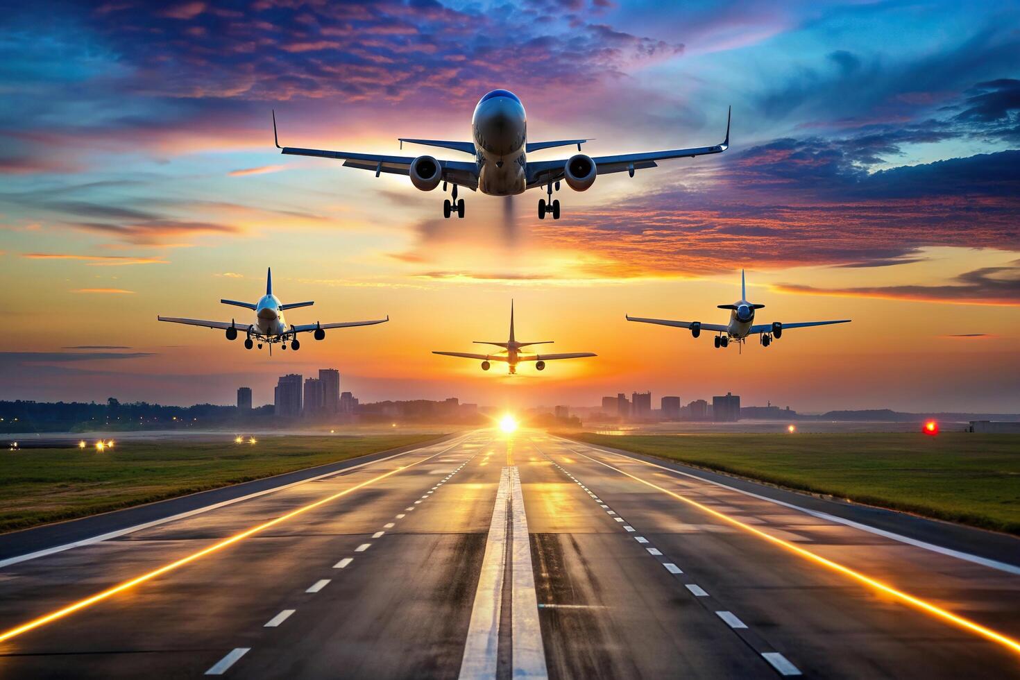 Airport runway at dusk with planes taking off and landing, lights, travel, aerial, planes, aircraft, runway, dusk, sunset, evening, taking off, transportation,airport, infrastructure photo