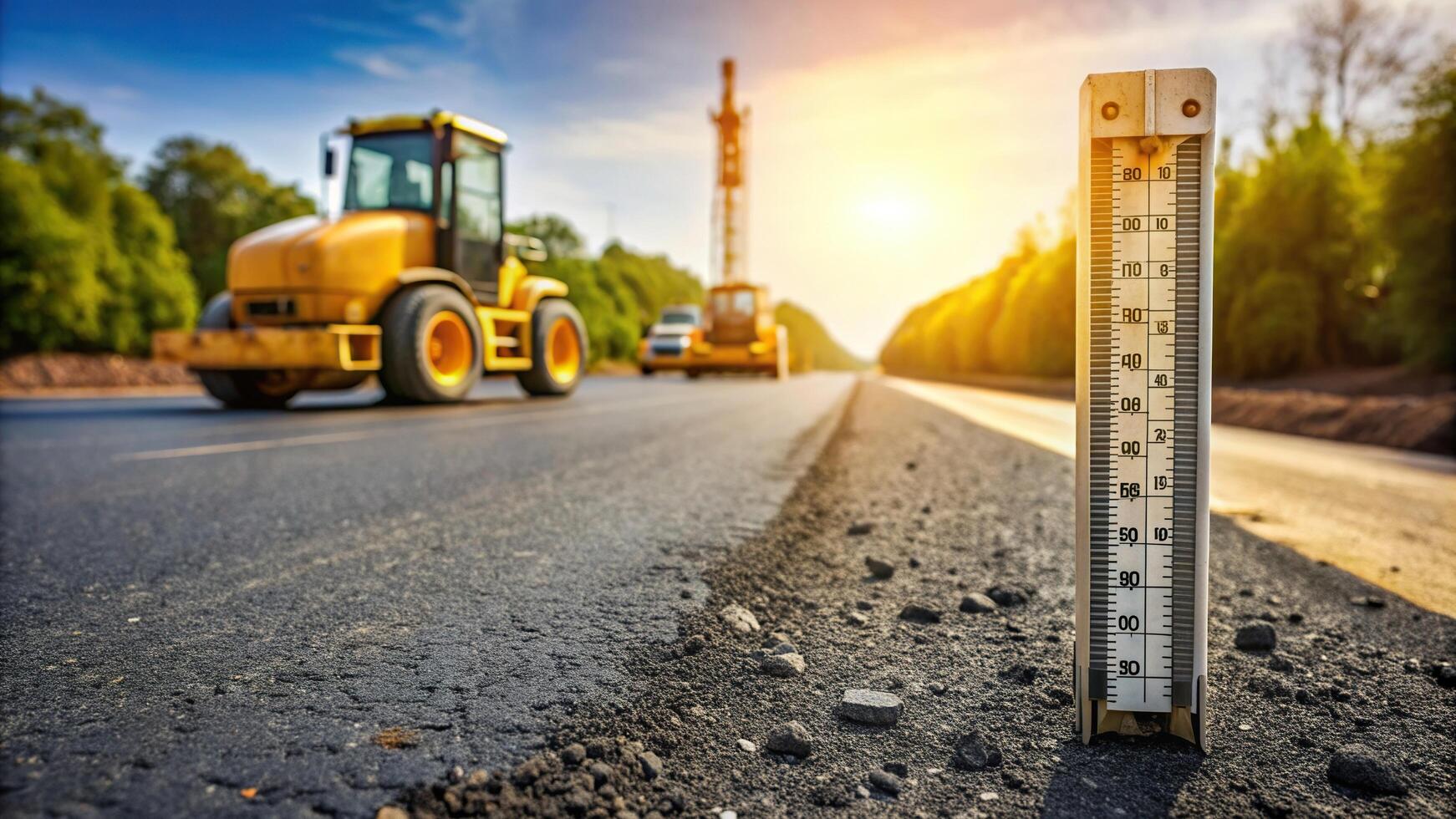 Asphalt concrete thermometer immersed in hot asphalt on the background of a road roller in a panoramic view, industry, machinery, heat, thermometer, paving, heavy machinery, roller photo