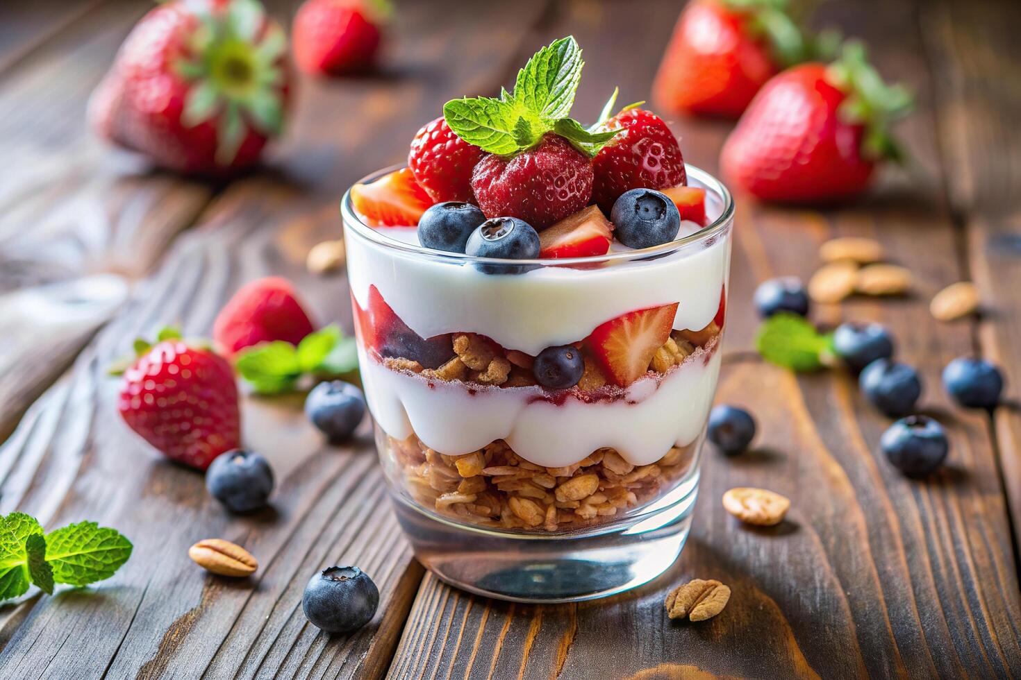 A delicious bowl of fruit parfait filled with layers of yogurt granola and fresh berries perfect for a healthy and satisfying breakfast or snack, homemade, light meal, sweet, delicious photo