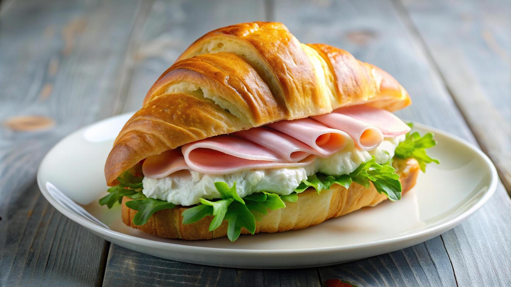 A croissant sandwich with cream cheese and ham on a white plate tilted at an angle, white plate, tilted, cuisine, ham, brunch, lunch, delicious, angle, savory, snack, appetizing, breakfast photo