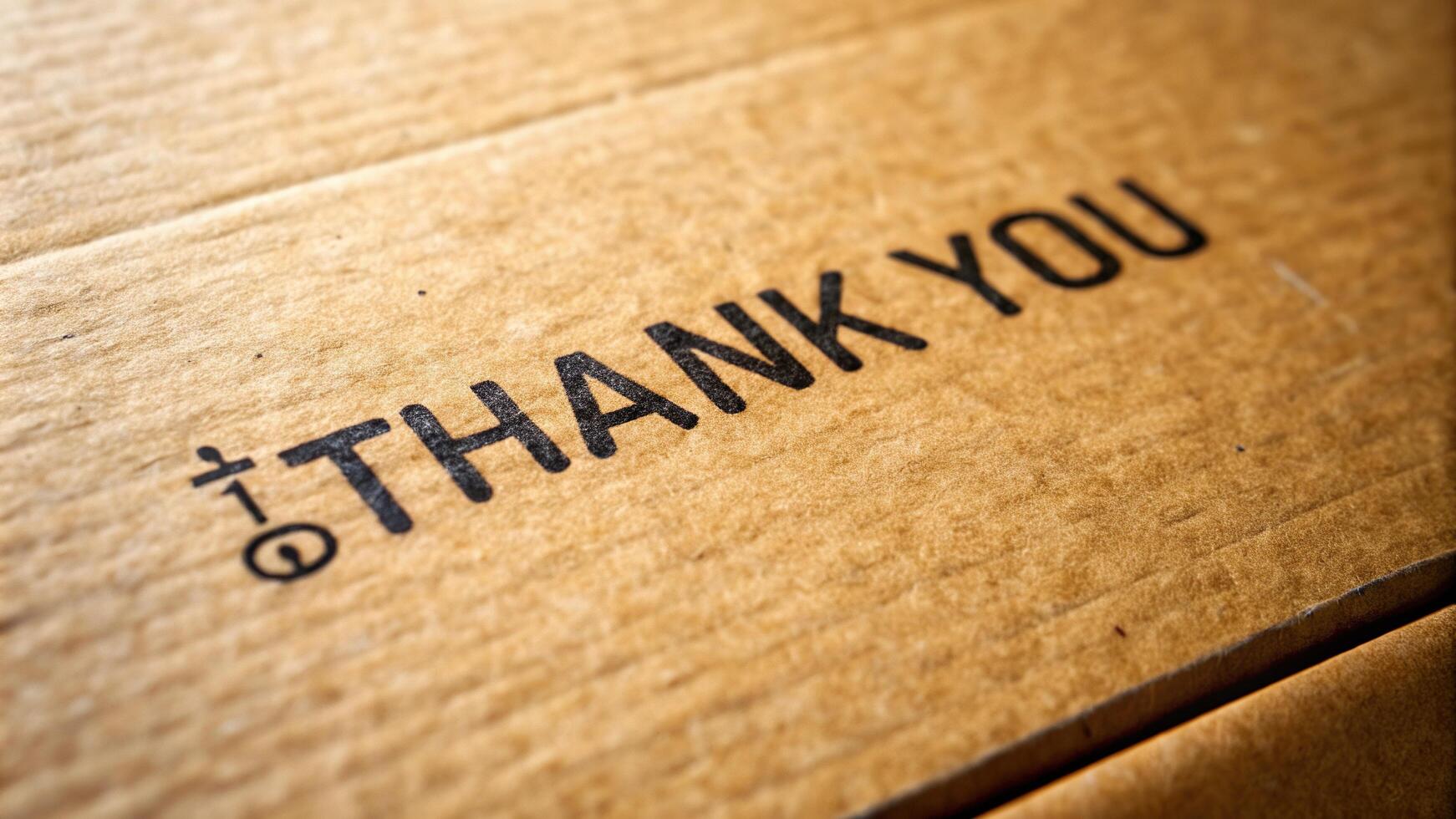 A close up shot of a cardboard box texture with the words Thank You written on it captured from a worm s eye view against a plain white background, gratitude, material, handwritten photo