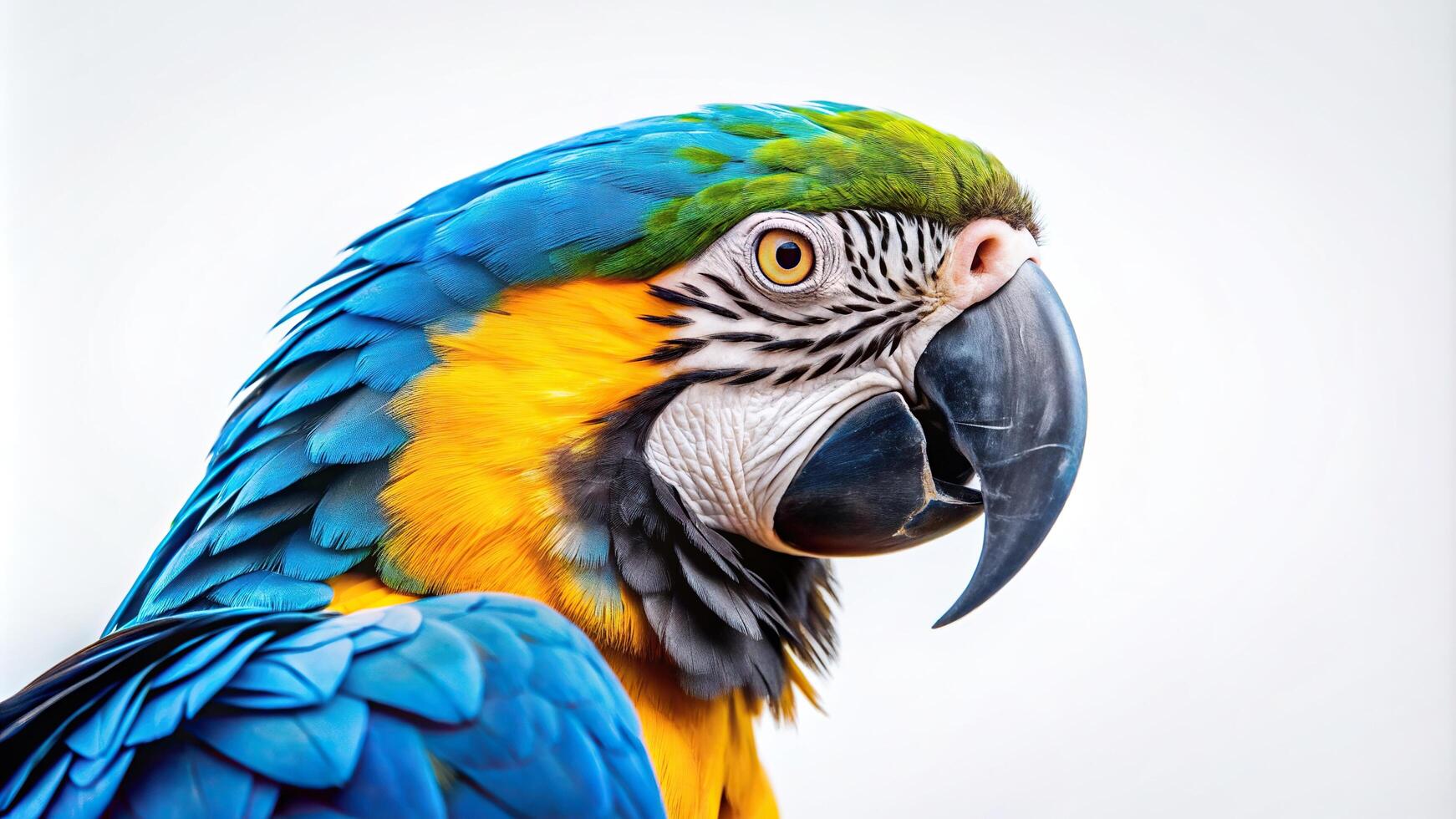 tropical, isolated, A stunning Blue Gold Macaw parrot is captured in a close up worm s eye view against a clean white background showcasing its vibrant blue and gold feathers photo