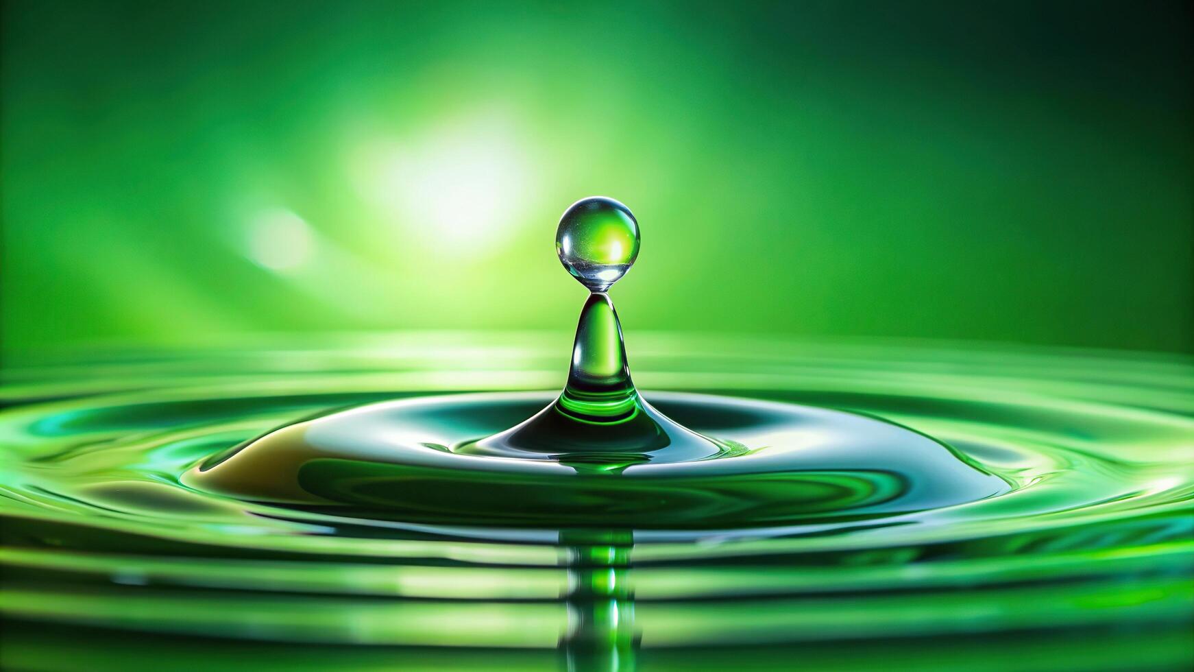 abstract, color gradient, transparent,water drop, wet, close-up, A close up shot of a single water drop on a vibrant green color gradient background with a wide angle perspective photo