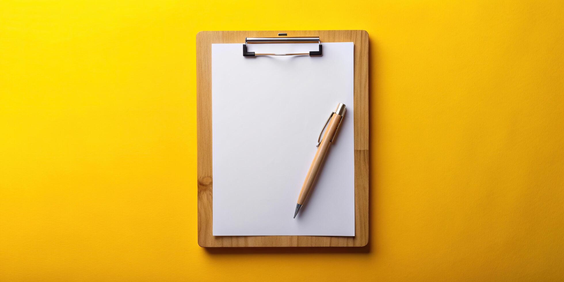 school, reminder, memo, organization,wood clipboard, Wooden clipboard with a blank sheet of white paper ready to be written on accompanied by a pen isolated on a vibrant yellow background photo