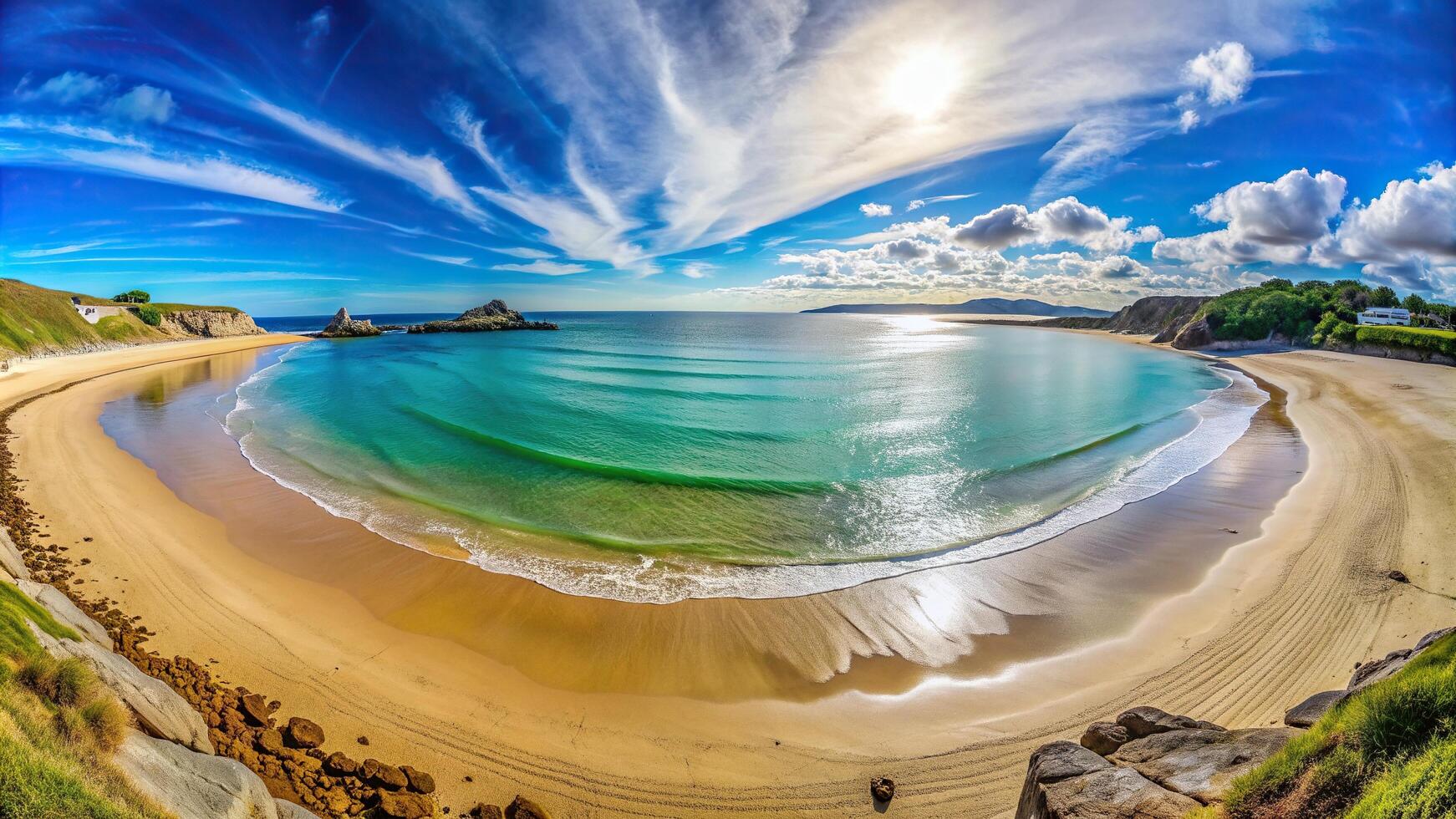 A stunning fisheye stock photo captures the picturesque Normandie Manche Plage de Collignon in Cherbourg en Cotentin showcasing its sandy beach crystal clear waters and vibrant atmosphere