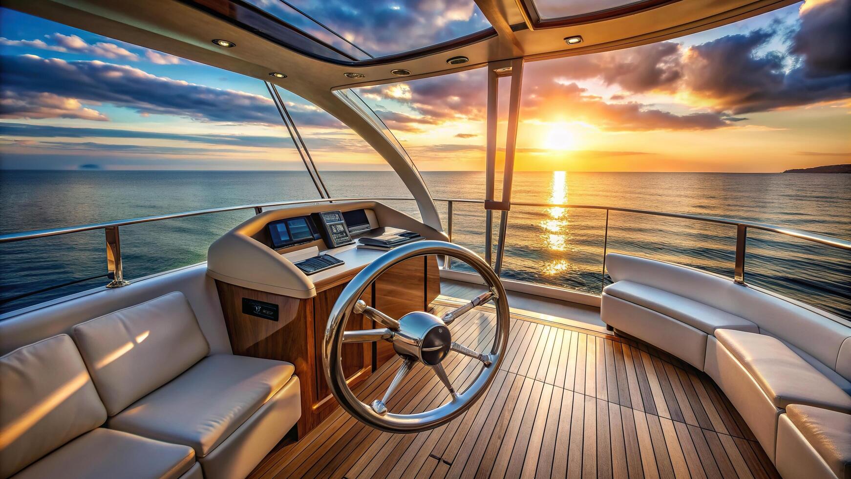 Steering wheel mounted on a luxurious yacht s bridge with a stunning sea view, bridge, sea, steering wheel, navigation, view, summer, boat,yacht, sailing, luxury, helm, control, leisure photo
