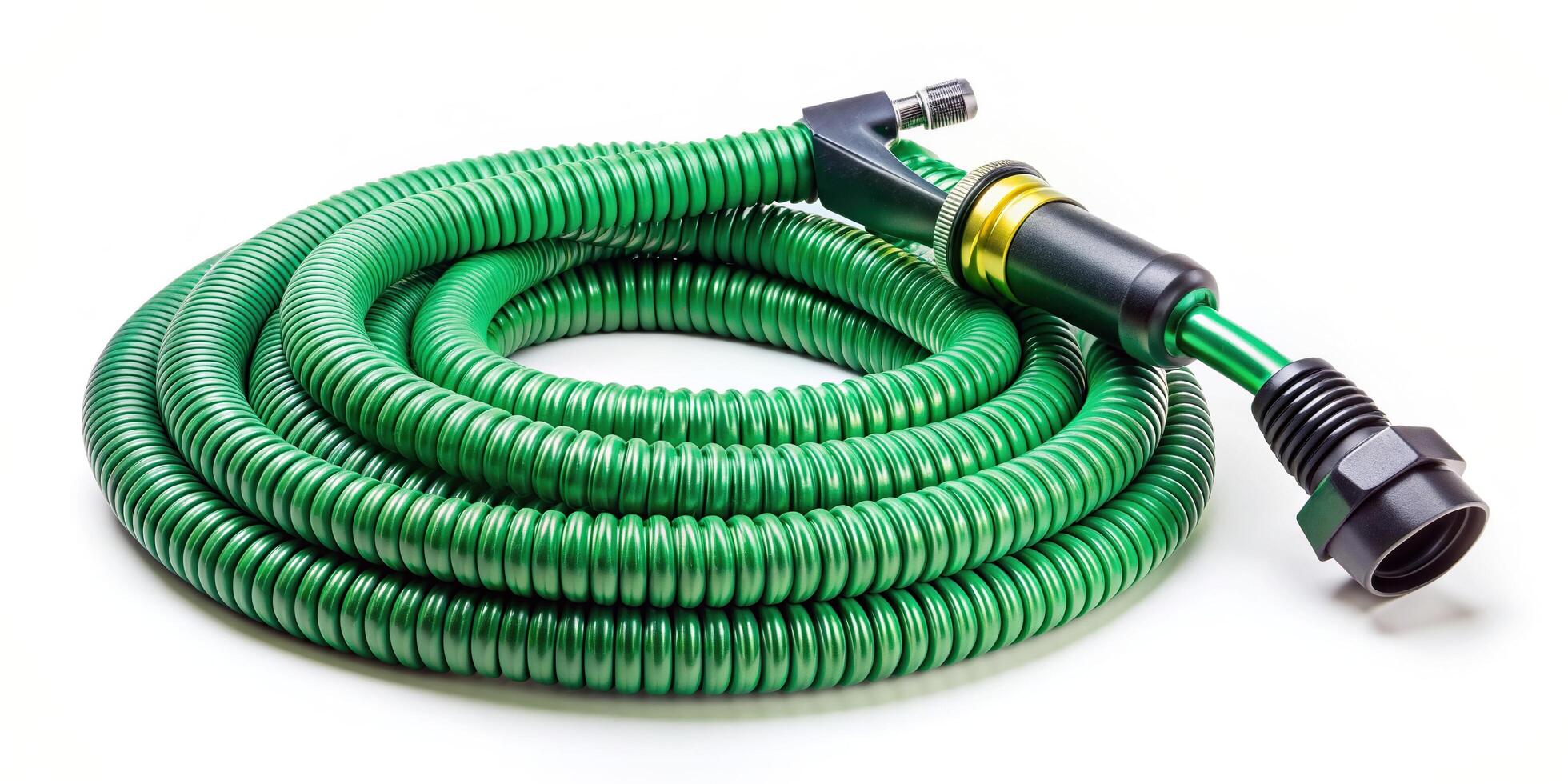 water supply, flexible tube, isolated, tool, watering plants, hosepipe, hose nozzle, A coiled and flexible garden hose with a sprayer isolated on a white background photo