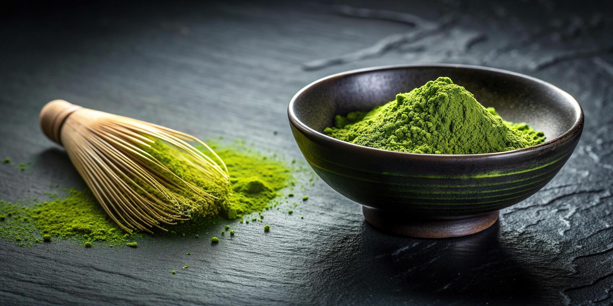 preparation, close-up, ceremonial,green matcha tea, drink, A close up view of a bowl with green matcha tea powder being prepared on a stone black table as seen from a worm s eye view photo