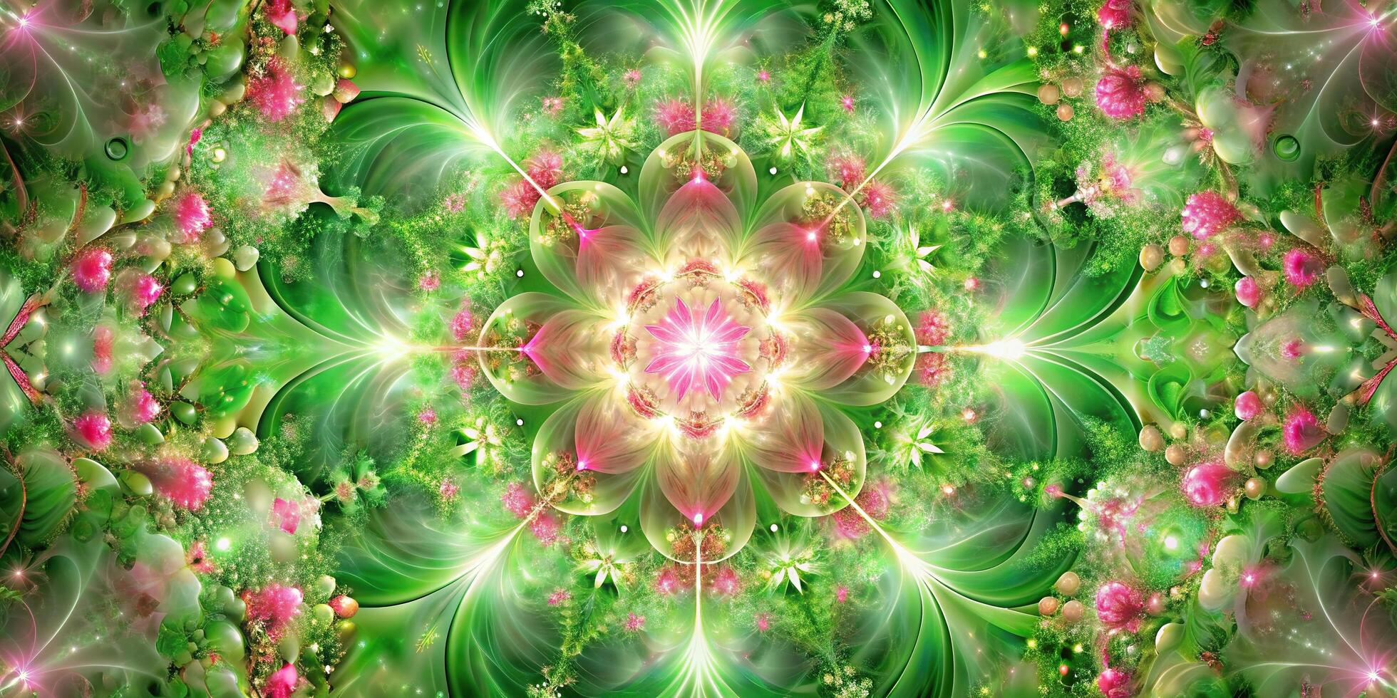 green, abstract,fairy, pink, pattern, light, delicate, Delicate green and pink abstract fairy background featuring a kaleidoscope of mesmerizing symmetrical patterns of light photo