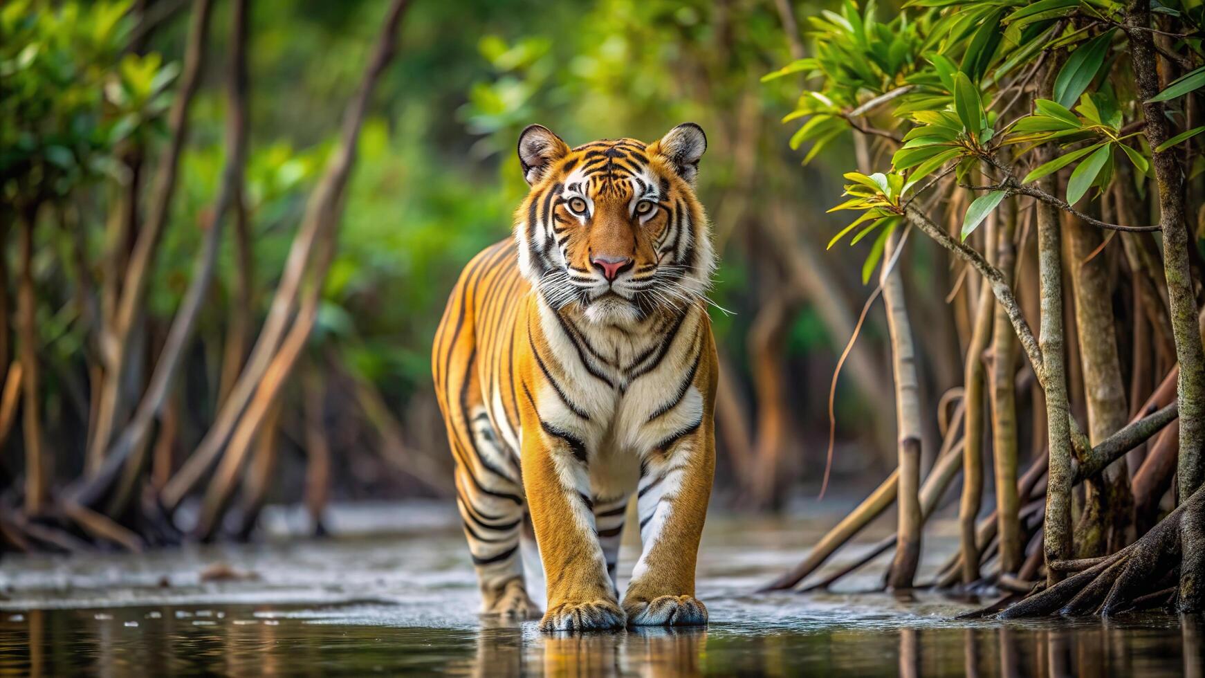 A medium shot of a majestic tiger in the dense mangrove habitat of Sundarban, camouflaged, carnivore, mangrove, beauty, lush,tiger, endangered, scenery, Indian, environment, staring photo