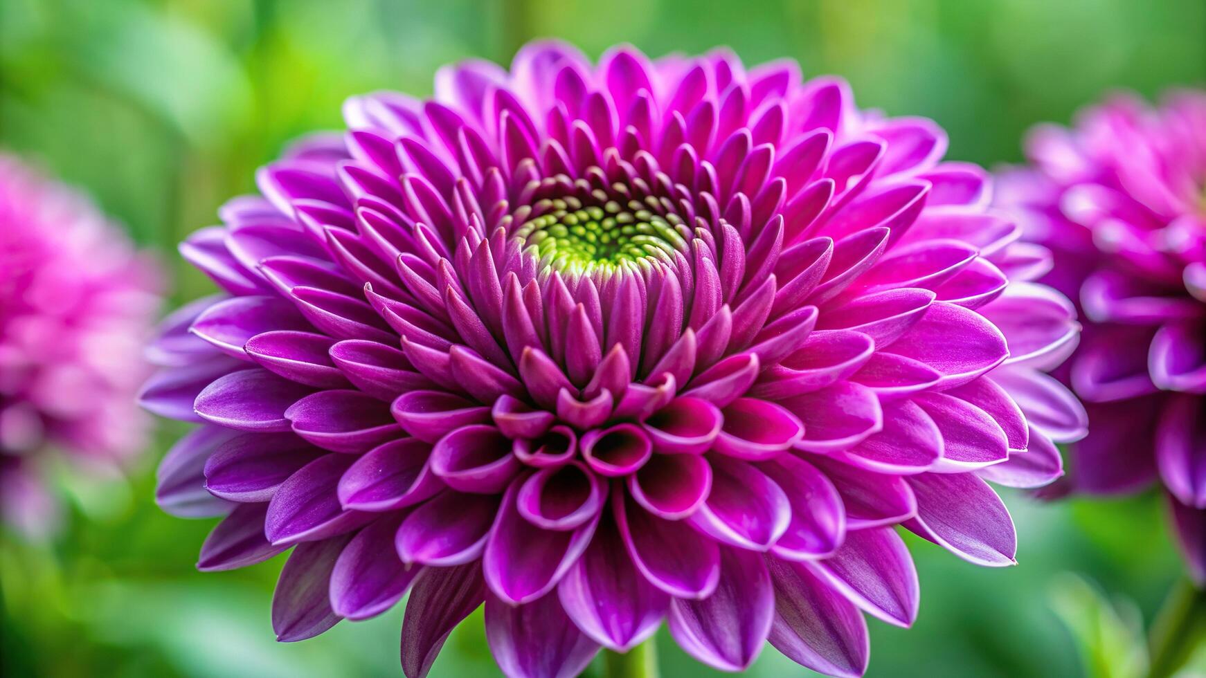 Extreme close up of a vibrant purple Chrysanthemum flower with a blur green background, nature, macro, vibrant, blur, petal, blossom, extreme close-up, background, green, flower, close-up photo
