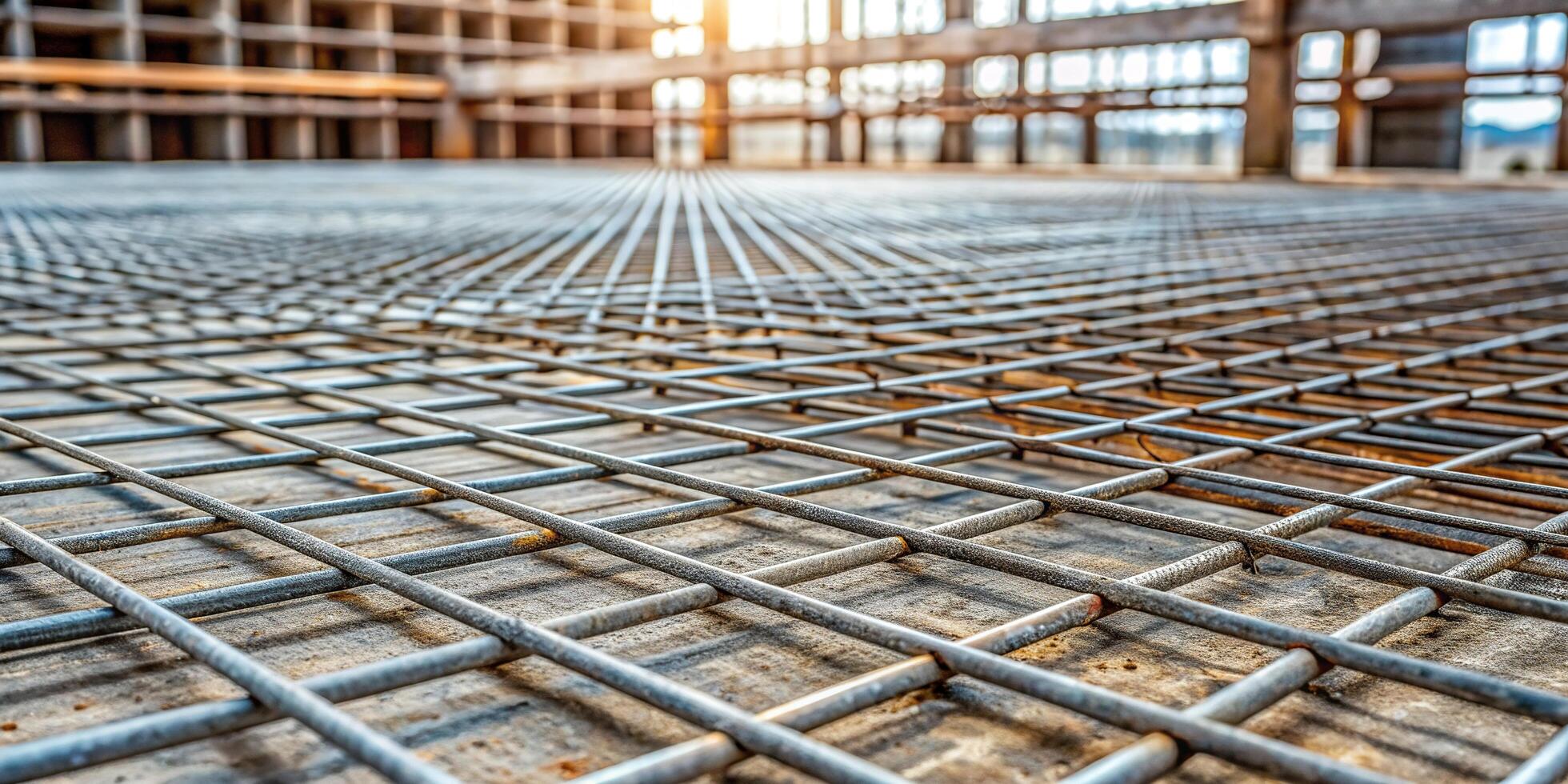 A detailed close up view of a mesh used for reinforcing a concrete slab in a garage, architecture,reinforcement, metal., materials, reinforcement mesh, reinforcing, durability, construction photo