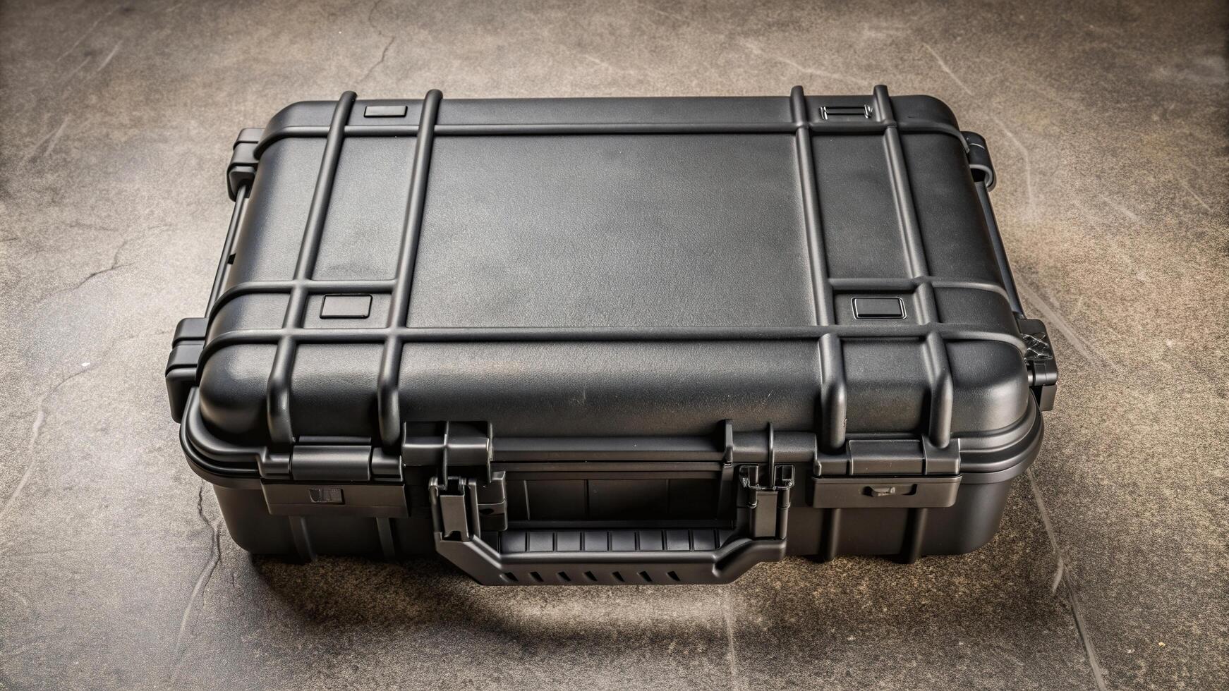 safety, A closed plastic black protector case resembling a rugged and durable container lying on the floor from a high angle capturing the essence of protection organization and safety photo