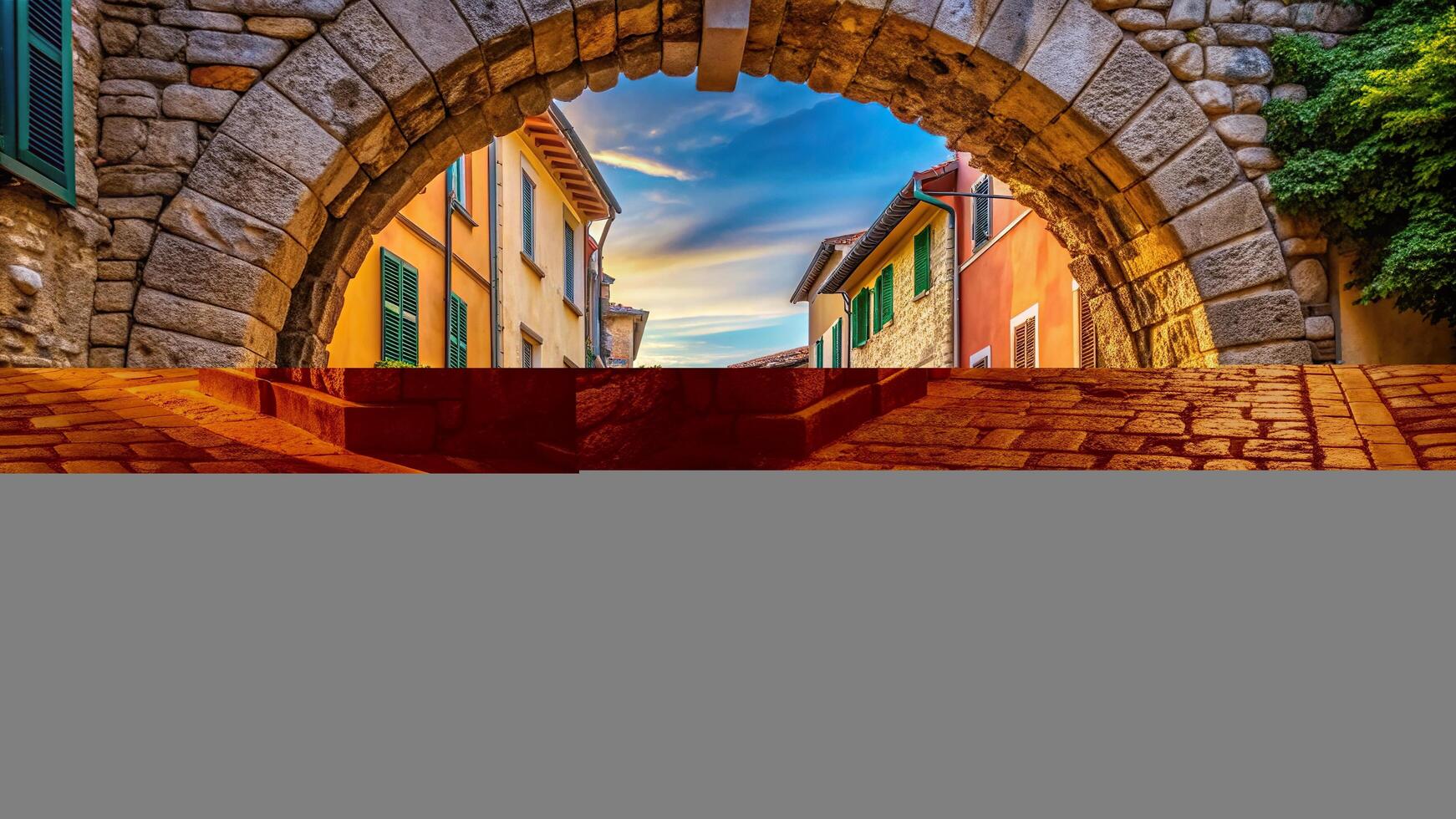architectural, picturesque, Croatia, An impressive arch on the stone paved Garzotto street in Rovinj Croatia creating a forced perspective leading into the charming old town photo