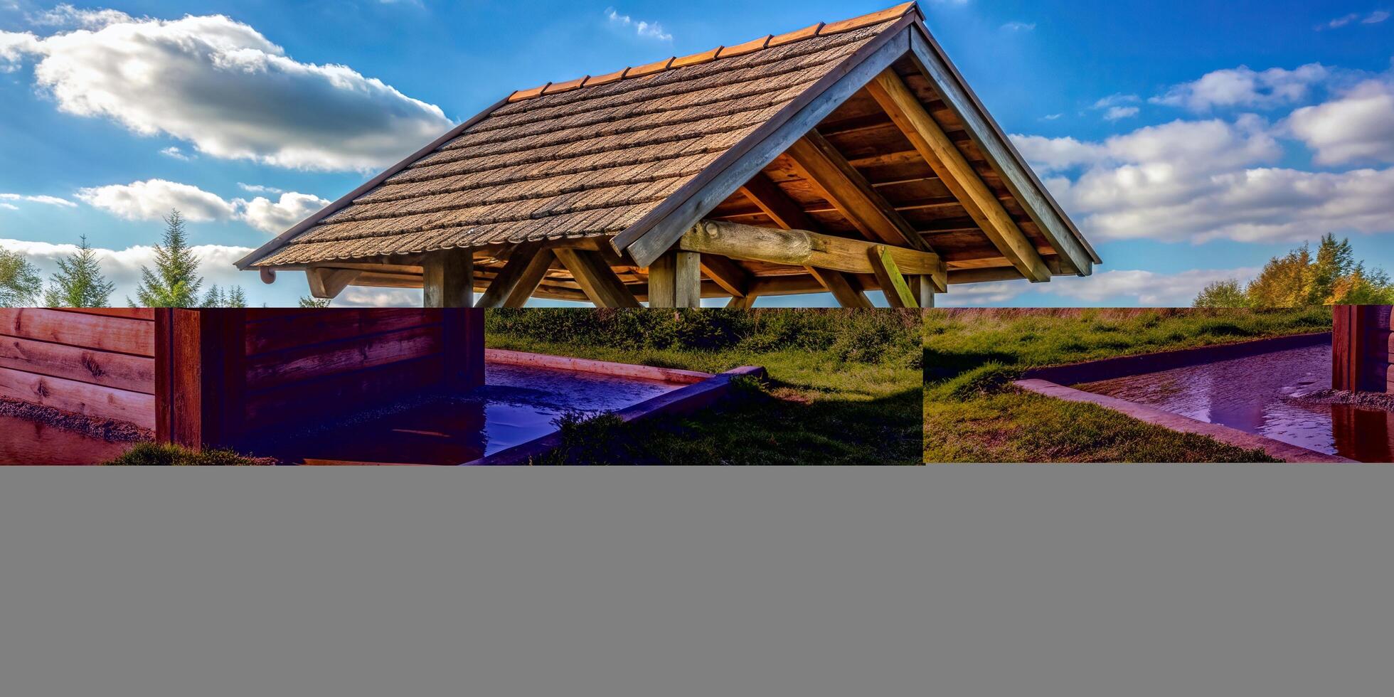 wood,water well, entrance, framing, Water well made of wood with a turnstile at the entrance and a gable roof framing above photo