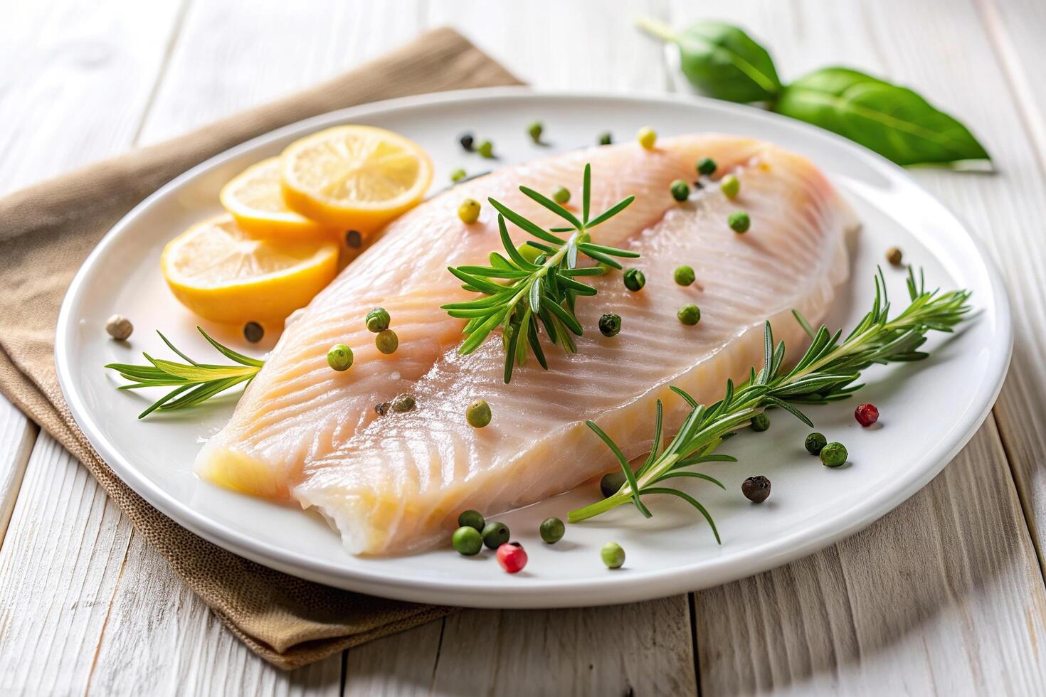 Marinated fish filet on a white plate garnished with fresh rosemary and basil leaves, leaves, marinated fish, fresh rosemary, garnish, filet photo