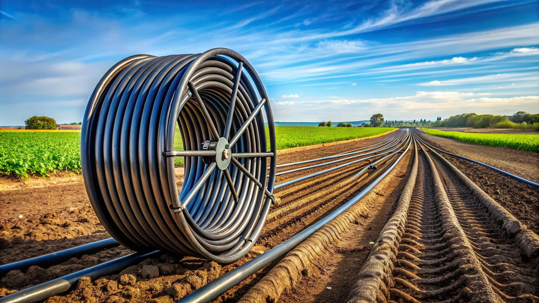 sustainable, watering, tubing, coil, conservation, symmetrical, irrigation,agriculture, Agricultural underground irrigation tubing coil installed symmetrically in a field photo