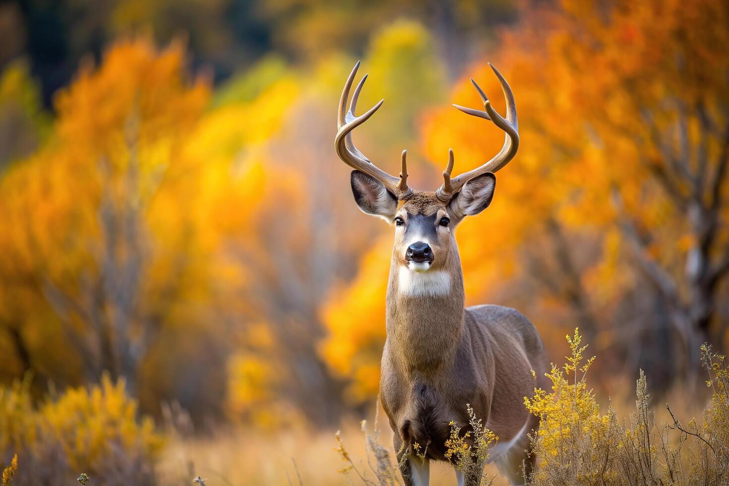 A majestic buck whitetail deer stands tall in an autumn landscape in Colorado showcasing its impressive antlers and blending effortlessly with the vibrant foliage, wilderness, outdoors photo