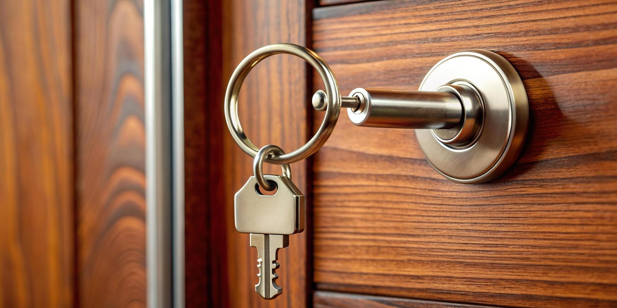 A close up stock photo of a house key attached to a silver keyring in the lock of a brown entrance door silhouette, lock and key, safety, home, wood, homeownership, access, entrance