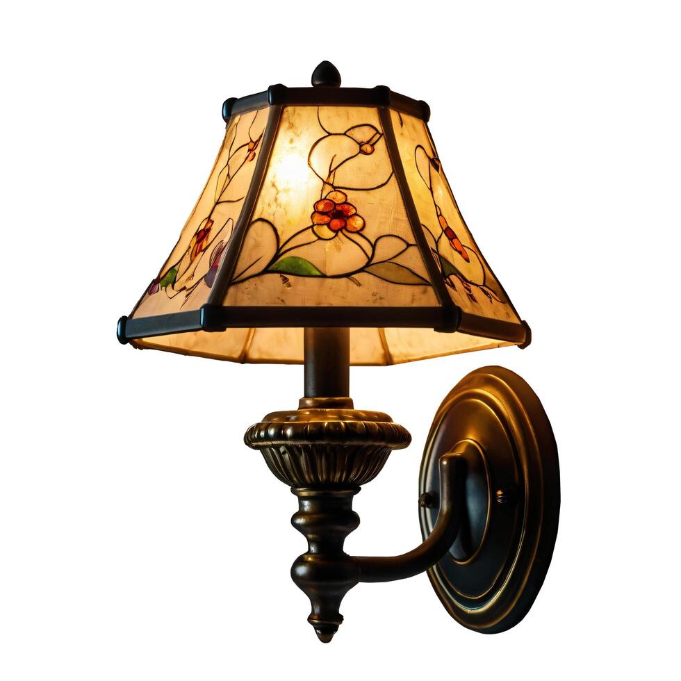 Antique wall lamp with stained glass body. The lamp base is copper. photo