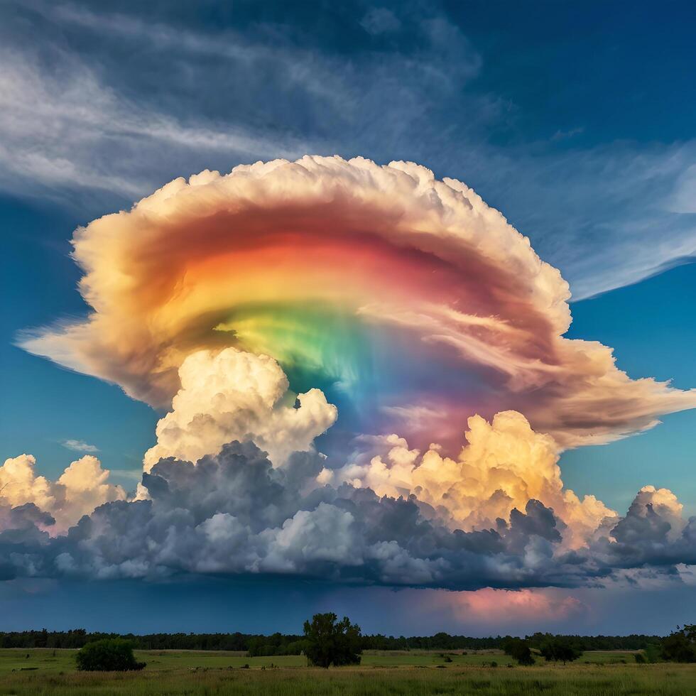 A stunning natural phenomenon. Big clouds with little spirals. There are rainbow colors in the clouds. There are two layers of clouds. In the background, the sky is strangely blue photo