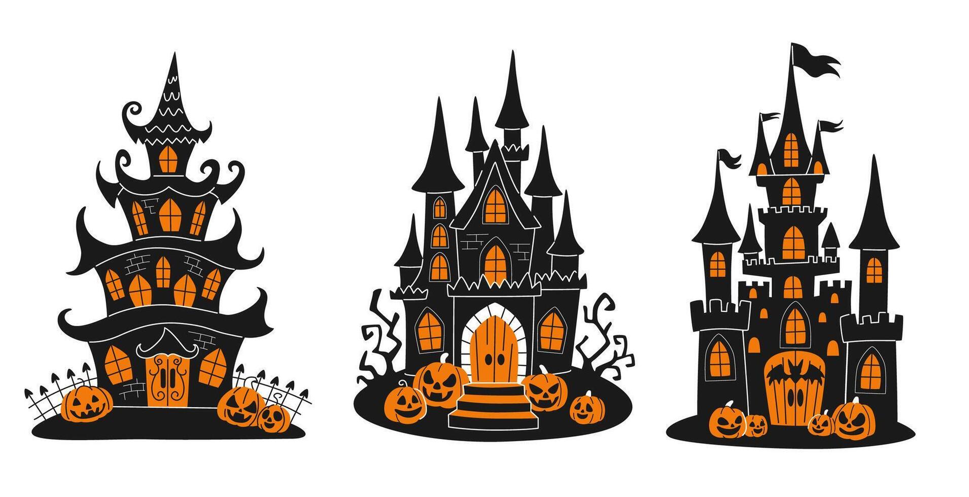 Set of spooky Halloween castles with tall, pointed towers, glowing orange windows, and surrounded by carved jack-o-lanterns. Black and orange colors. vector