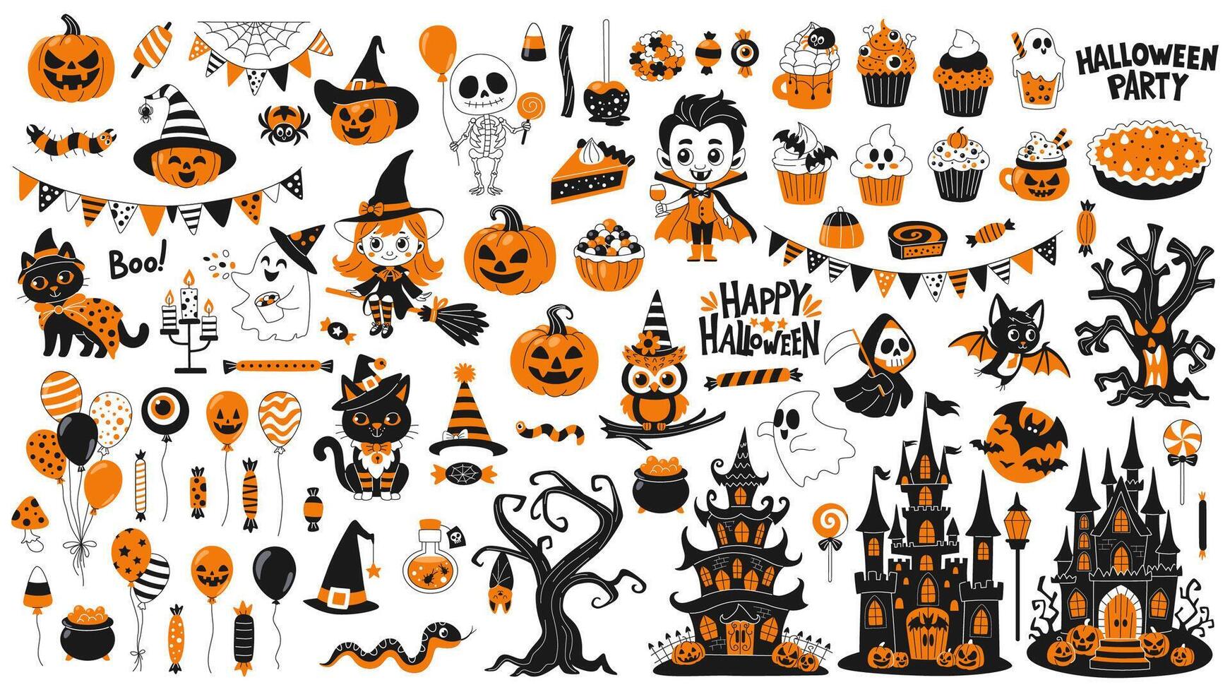 Big Halloween set of elements. Pumpkins, Halloween sweets and characters, black cats, skeleton, bat, witch and others. Halloween castles and decorations, garlands-flags and balloons. vector