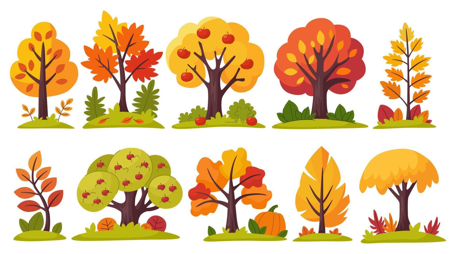 Autumn trees and bushes collection. Forest and park trees and plants on white background. vector