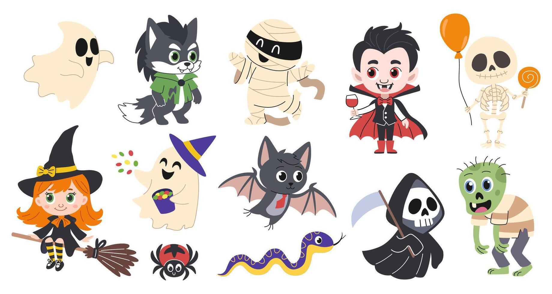 Halloween characters and animals set. Cute ghosts, werewolf, vampire, zombie, mummy, witch and skeleton. Halloween spider, snake, bat. White background vector