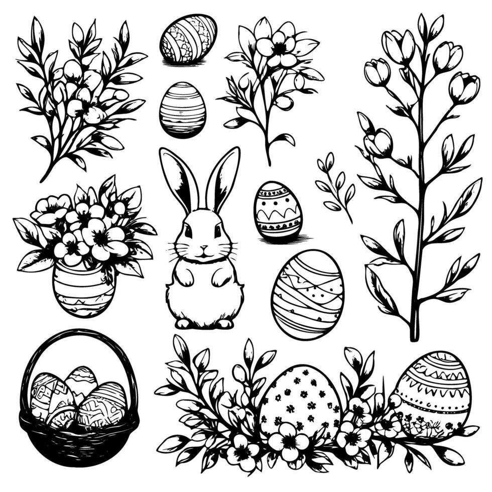 A set of black and white drawings of Easter eggs, flowers, and a rabbit vector