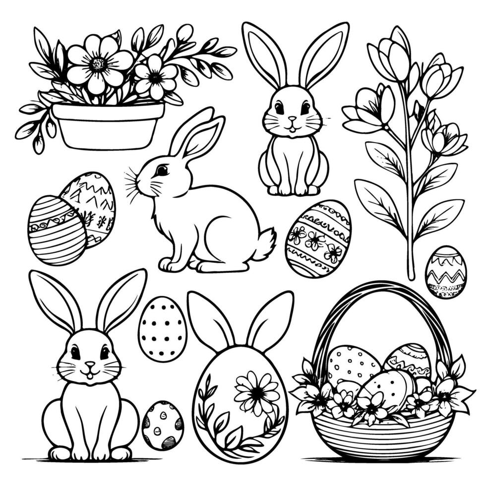 A set of Easter themed drawings of rabbits, eggs, and flowers vector