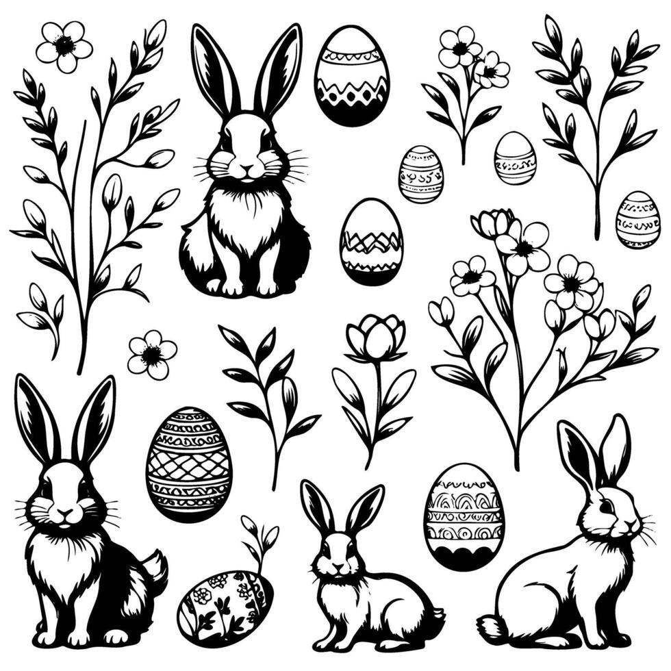 A collection black and white drawings of rabbits and eggs vector
